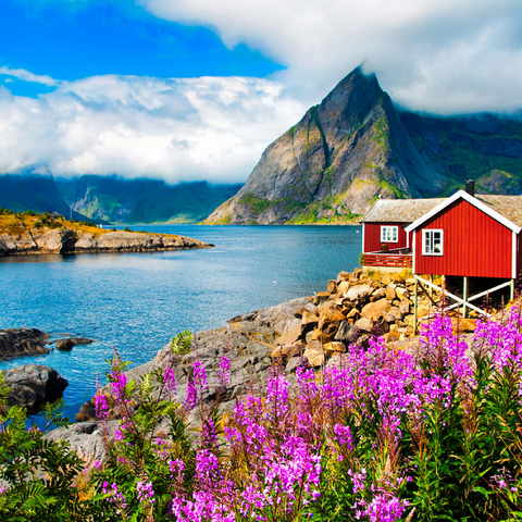 Typische rote Fischerhäuser in einem Hafen auf den Lofoten, Norwegen 100 Puzzle 3D Modell