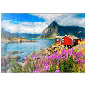 Darstellung des Puzzle-Motivs Typische rote Fischerhäuser in einem Hafen auf den Lofoten, Norwegen – Puzzleteile: 200