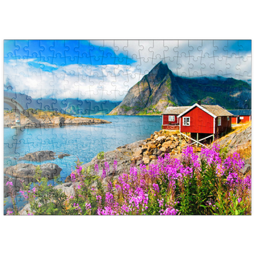 puzzleplate Typische rote Fischerhäuser in einem Hafen auf den Lofoten, Norwegen 200 Puzzle