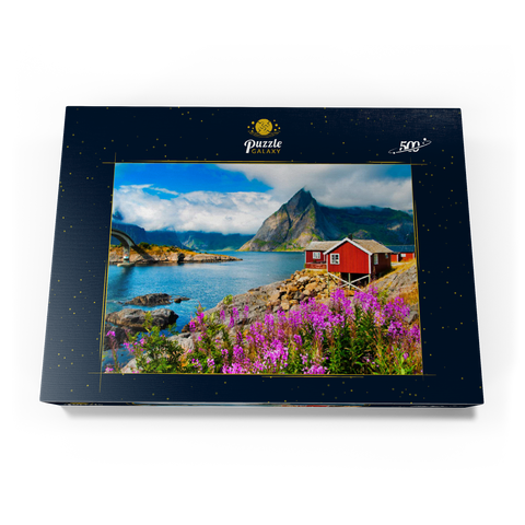 Typische rote Fischerhäuser in einem Hafen auf den Lofoten, Norwegen 500 Puzzle Schachtel Ansicht3
