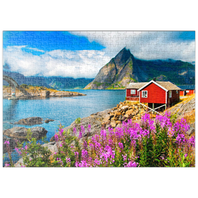 Darstellung des Puzzle-Motivs Typische rote Fischerhäuser in einem Hafen auf den Lofoten, Norwegen – Puzzleteile: 500