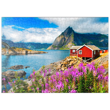 puzzleplate Typische rote Fischerhäuser in einem Hafen auf den Lofoten, Norwegen 500 Puzzle