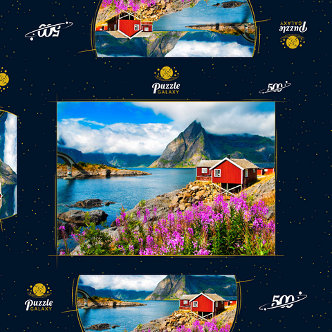 Typische rote Fischerhäuser in einem Hafen auf den Lofoten, Norwegen 500 Puzzle Schachtel 3D Modell