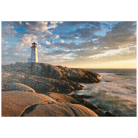 Darstellung des Puzzle-Motivs Sonnenuntergang am Leuchtturm von Peggys Cove, Neuschottland, Kanada – Puzzleteile: 1000