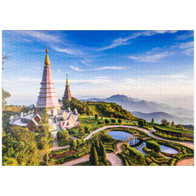 Darstellung des Puzzle-Motivs Landschaft mit zwei Pagoden auf dem Gipfel des Inthanon-Bergs, Chiang Mai, Thailand – Puzzleteile: 1000