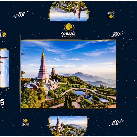 Landschaft mit zwei Pagoden auf dem Gipfel des Inthanon-Bergs, Chiang Mai, Thailand 100 Puzzle Schachtel 3D Modell