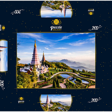 Landschaft mit zwei Pagoden auf dem Gipfel des Inthanon-Bergs, Chiang Mai, Thailand 200 Puzzle Schachtel 3D Modell