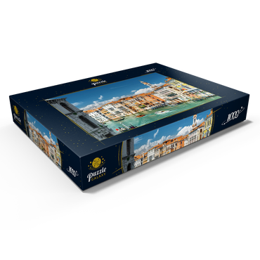 Canale Grande mit bunten Fassaden der alten mittelalterlichen Häuser vor der Rialto-Brücke in Venedig, Italien 1000 Puzzle Schachtel Ansicht1