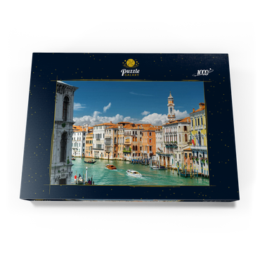 Canale Grande mit bunten Fassaden der alten mittelalterlichen Häuser vor der Rialto-Brücke in Venedig, Italien 1000 Puzzle Schachtel Ansicht3