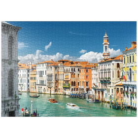 Darstellung des Puzzle-Motivs Canale Grande mit bunten Fassaden der alten mittelalterlichen Häuser vor der Rialto-Brücke in Venedig, Italien – Puzzleteile: 1000