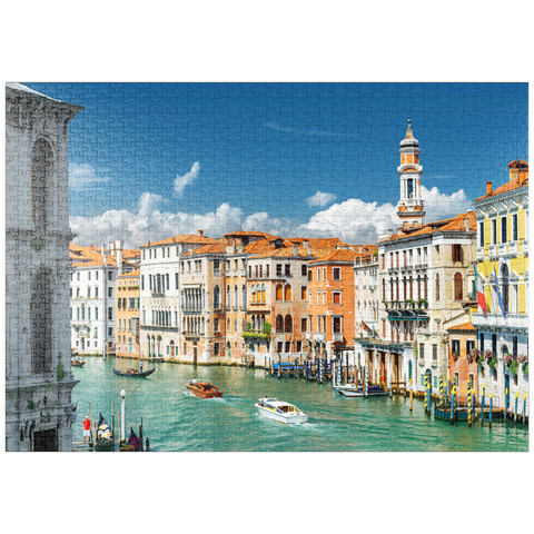 puzzleplate Canale Grande mit bunten Fassaden der alten mittelalterlichen Häuser vor der Rialto-Brücke in Venedig, Italien 1000 Puzzle