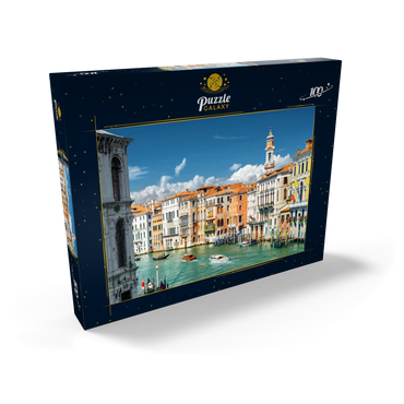 Canale Grande mit bunten Fassaden der alten mittelalterlichen Häuser vor der Rialto-Brücke in Venedig, Italien 100 Puzzle Schachtel Ansicht2