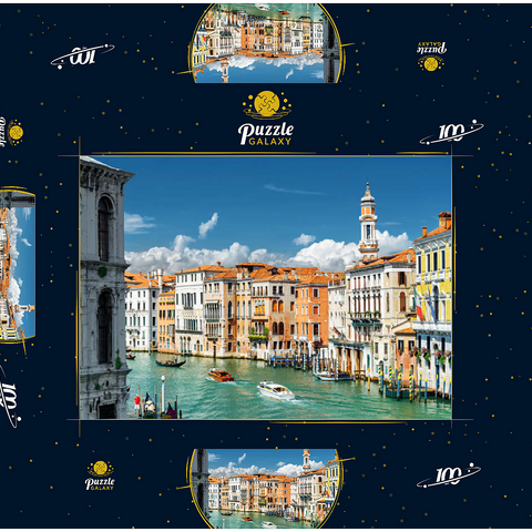 Canale Grande mit bunten Fassaden der alten mittelalterlichen Häuser vor der Rialto-Brücke in Venedig, Italien 100 Puzzle Schachtel 3D Modell