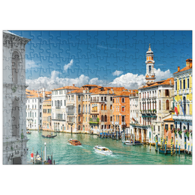 Darstellung des Puzzle-Motivs Canale Grande mit bunten Fassaden der alten mittelalterlichen Häuser vor der Rialto-Brücke in Venedig, Italien – Puzzleteile: 200