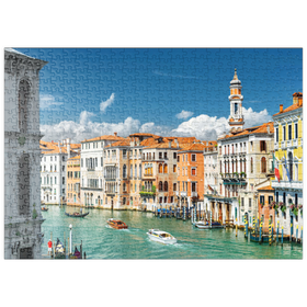 Darstellung des Puzzle-Motivs Canale Grande mit bunten Fassaden der alten mittelalterlichen Häuser vor der Rialto-Brücke in Venedig, Italien – Puzzleteile: 500