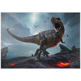 Darstellung des Puzzle-Motivs Tyrannosaurus Rex, in einer rauen prähistorischen Welt – Puzzleteile: 1000