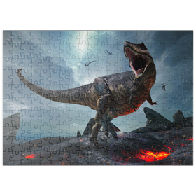 Darstellung des Puzzle-Motivs Tyrannosaurus Rex, in einer rauen prähistorischen Welt – Puzzleteile: 200