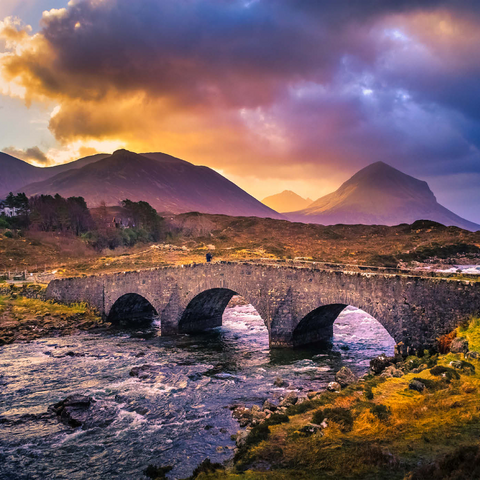 Old Vintage Backsteinbrücke über den Fluss in Sligachan, Isle of Skye, Schottland 1000 Puzzle 3D Modell