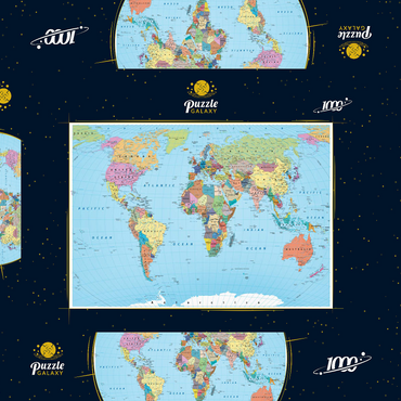 Farbige Weltkarte - Grenzen, Länder, Straßen und Städte 1000 Puzzle Schachtel 3D Modell