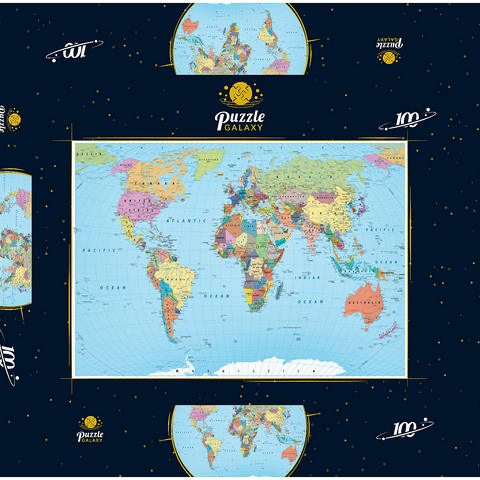 Farbige Weltkarte - Grenzen, Länder, Straßen und Städte 100 Puzzle Schachtel 3D Modell