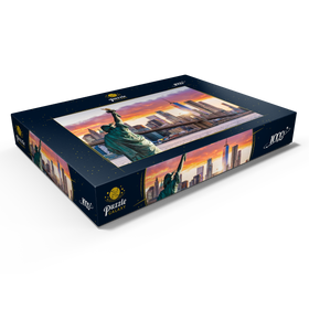 Darstellung des Puzzle Motivs Freiheitsstatue und New Yorker Stadtsilhouette bei Sonnenuntergang, USA - Puzzleteile: 1000