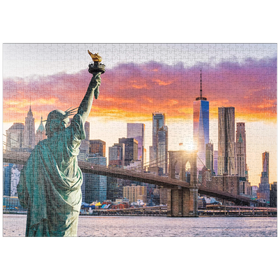 Darstellung des Puzzle-Motivs Freiheitsstatue und New Yorker Stadtsilhouette bei Sonnenuntergang, USA – Puzzleteile: 1000