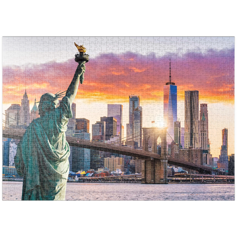 puzzleplate Freiheitsstatue und New Yorker Stadtsilhouette bei Sonnenuntergang, USA 1000 Puzzle