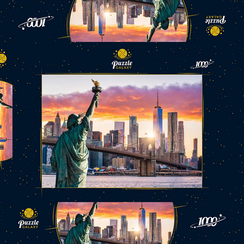 Freiheitsstatue und New Yorker Stadtsilhouette bei Sonnenuntergang, USA 1000 Puzzle Schachtel 3D Modell