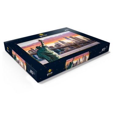 Freiheitsstatue und New Yorker Stadtsilhouette bei Sonnenuntergang, USA 100 Puzzle Schachtel Ansicht1