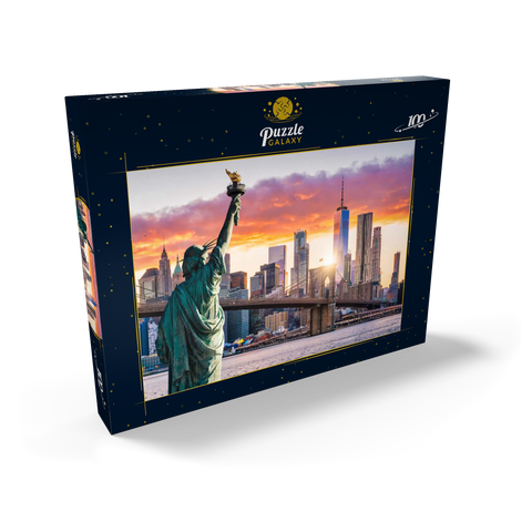 Freiheitsstatue und New Yorker Stadtsilhouette bei Sonnenuntergang, USA 100 Puzzle Schachtel Ansicht2