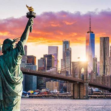 Freiheitsstatue und New Yorker Stadtsilhouette bei Sonnenuntergang, USA 100 Puzzle 3D Modell