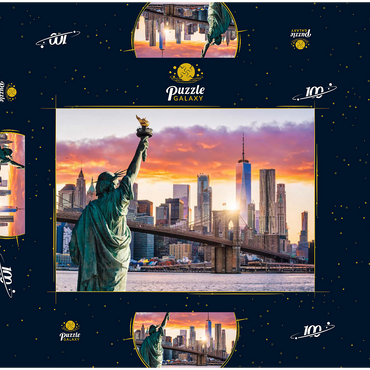 Freiheitsstatue und New Yorker Stadtsilhouette bei Sonnenuntergang, USA 100 Puzzle Schachtel 3D Modell