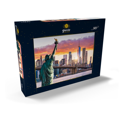 Freiheitsstatue und New Yorker Stadtsilhouette bei Sonnenuntergang, USA 500 Puzzle Schachtel Ansicht2