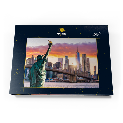 Freiheitsstatue und New Yorker Stadtsilhouette bei Sonnenuntergang, USA 500 Puzzle Schachtel Ansicht3