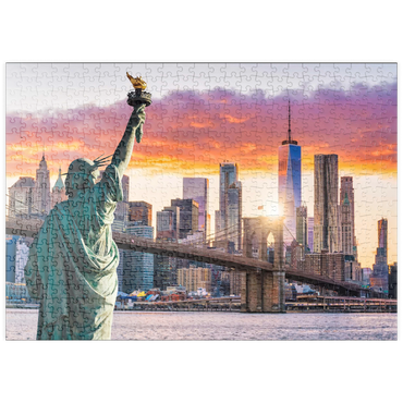 puzzleplate Freiheitsstatue und New Yorker Stadtsilhouette bei Sonnenuntergang, USA 500 Puzzle