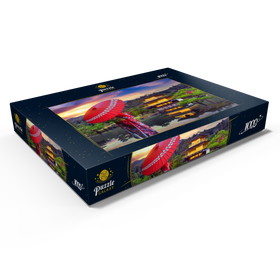 Darstellung des Puzzle Motivs Frau in traditionellem japanischen Kimono, Kinkakuji-Tempel Kyoto, Japan - Puzzleteile: 1000