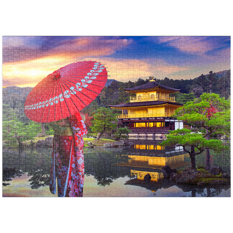 puzzleplate Frau in traditionellem japanischen Kimono, Kinkakuji-Tempel Kyoto, Japan 1000 Puzzle
