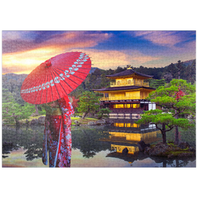 Darstellung des Puzzle Motivs Frau in traditionellem japanischen Kimono, Kinkakuji-Tempel Kyoto, Japan - Puzzleteile: 1000