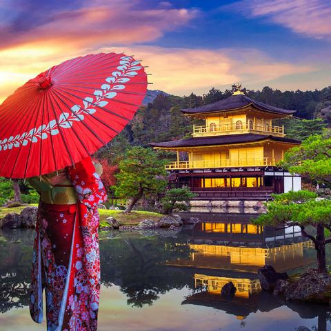 Frau in traditionellem japanischen Kimono, Kinkakuji-Tempel Kyoto, Japan 100 Puzzle 3D Modell