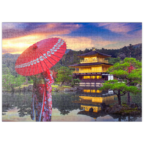 puzzleplate Frau in traditionellem japanischen Kimono, Kinkakuji-Tempel Kyoto, Japan 500 Puzzle