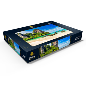 Darstellung des Puzzle Motivs Thailändisches Longtailboot am Sandstrand Railay Beach in der Provinz Krabi, Thailand - Puzzleteile: 1000