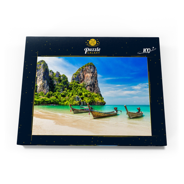 Thailändisches Longtailboot am Sandstrand Railay Beach in der Provinz Krabi, Thailand 100 Puzzle Schachtel Ansicht3