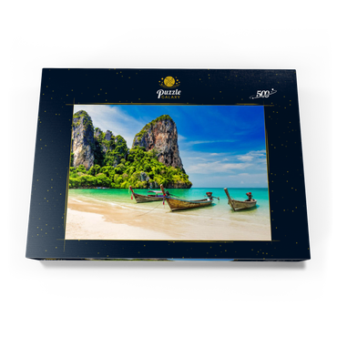 Thailändisches Longtailboot am Sandstrand Railay Beach in der Provinz Krabi, Thailand 500 Puzzle Schachtel Ansicht3