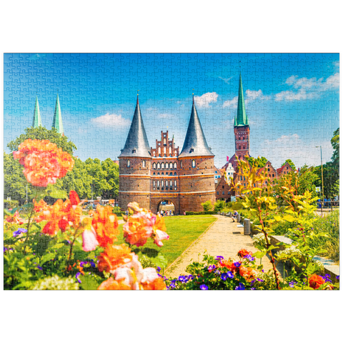 puzzleplate Lübeck mit dem berühmten Holstentor-Stadttor, Schleswig-Holstein, Deutschland 1000 Puzzle