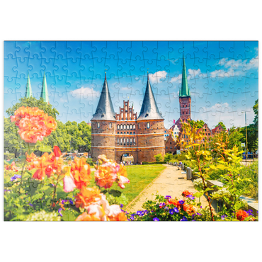 puzzleplate Lübeck mit dem berühmten Holstentor-Stadttor, Schleswig-Holstein, Deutschland 200 Puzzle