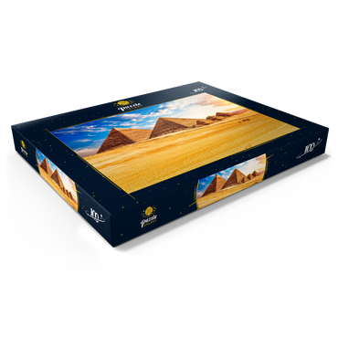 Die Pyramiden in der sonnigen Wüste Gizeh, Ägypten 100 Puzzle Schachtel Ansicht1
