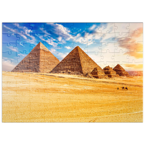 puzzleplate Die Pyramiden in der sonnigen Wüste Gizeh, Ägypten 100 Puzzle