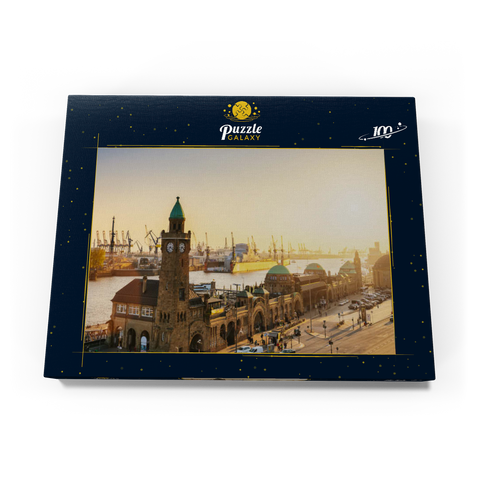 Hamburg St. Pauli Landungsbrücken bei Sonnenuntergang, Deutschland 100 Puzzle Schachtel Ansicht3