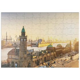 Darstellung des Puzzle-Motivs Hamburg St. Pauli Landungsbrücken bei Sonnenuntergang, Deutschland – Puzzleteile: 100
