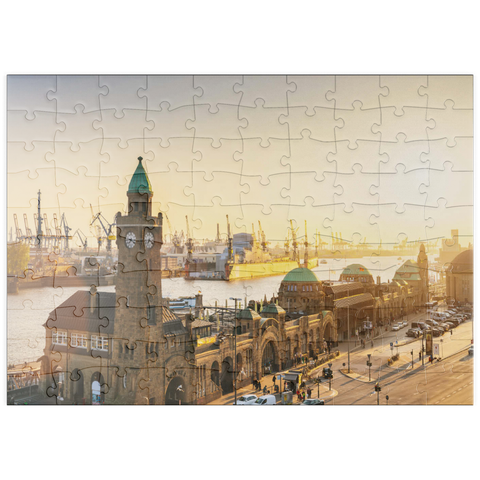 puzzleplate Hamburg St. Pauli Landungsbrücken bei Sonnenuntergang, Deutschland 100 Puzzle